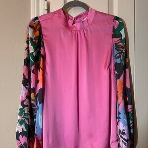 NWT Women's Michelle McDowell Pink Satin Blouse w/Floral Long Sleeves - Medium